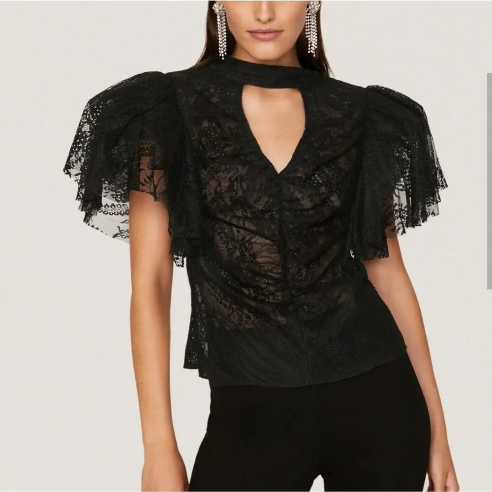 Osman Yousefzada Top Women Size 0 Black Lace Puff Sleeve Keyhole Ruched Blouse‎
